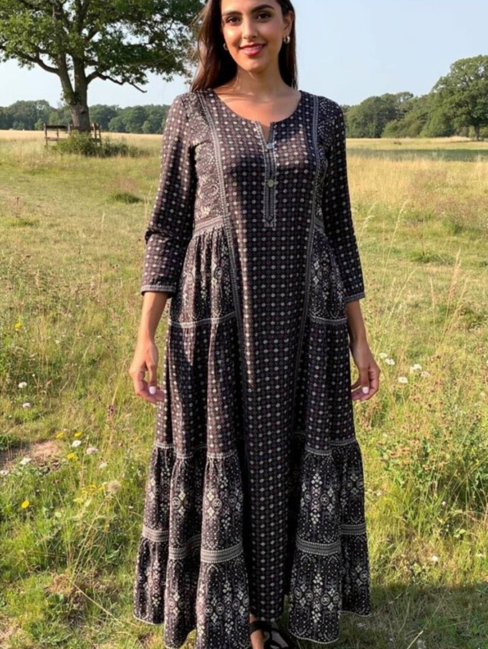 Zola L Black Printed Maxi Dress with Buttoned V-Neck Boho Festival Ethnic